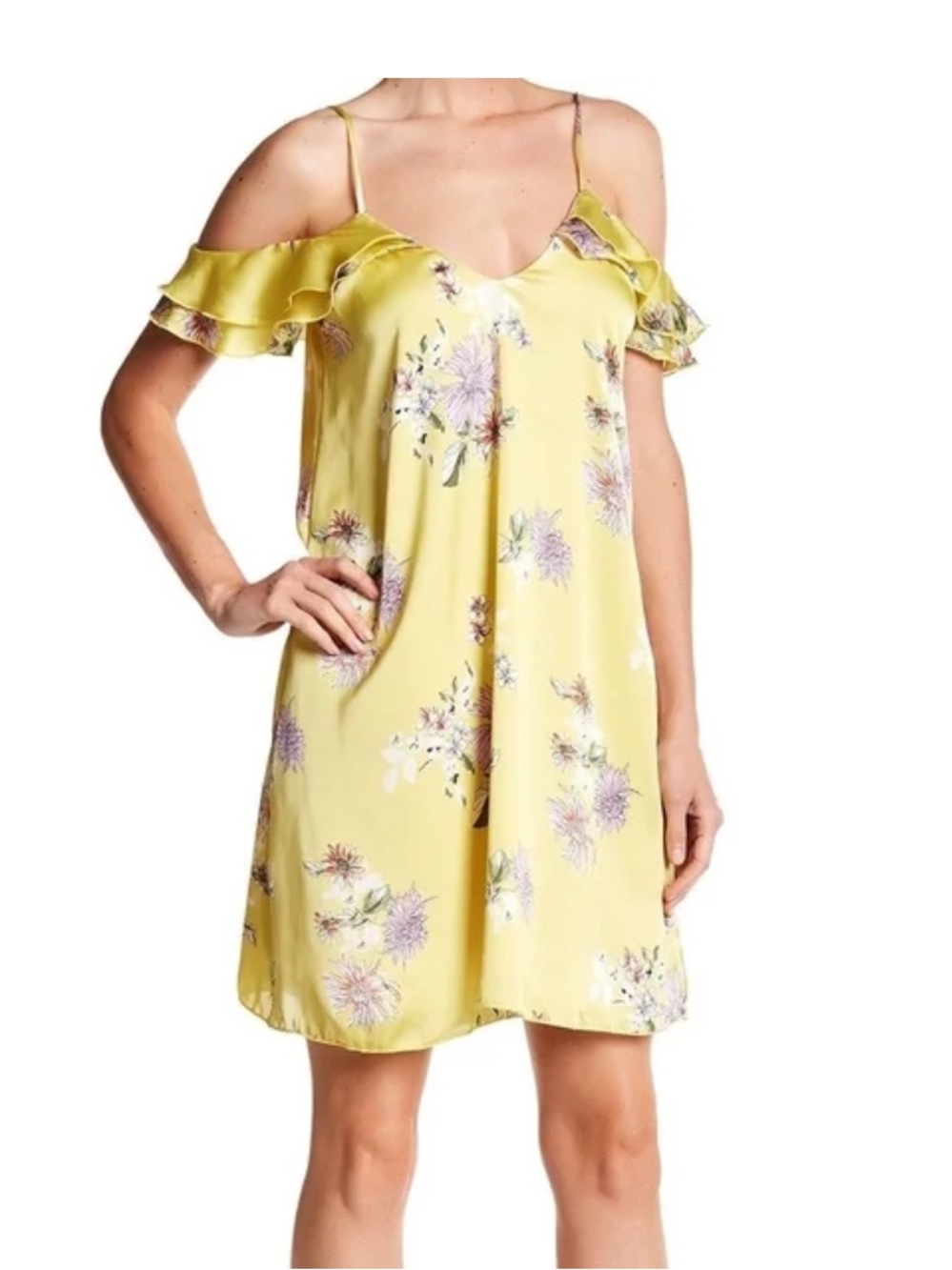 Yellow Floral Cold-Shoulder Slip Dress